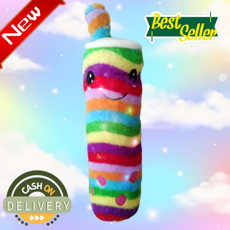 Guling Boba Rainbow LED 60cm - Boneka Guling Boba Rainbow LED Bahan Lembut Bisa Nyala