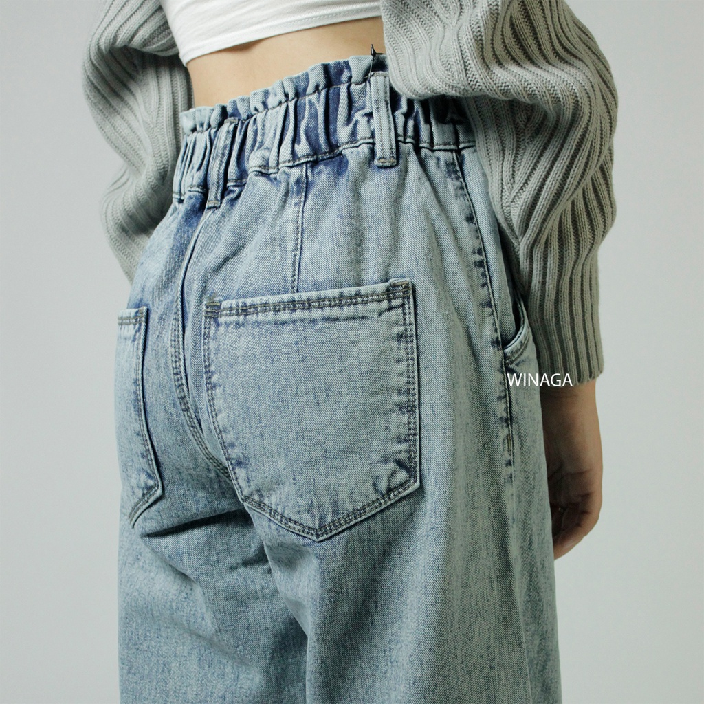 WINAGA- HighWaist Kulot Jeans Rawis Unfinished Pinggang Karet Kancing 2