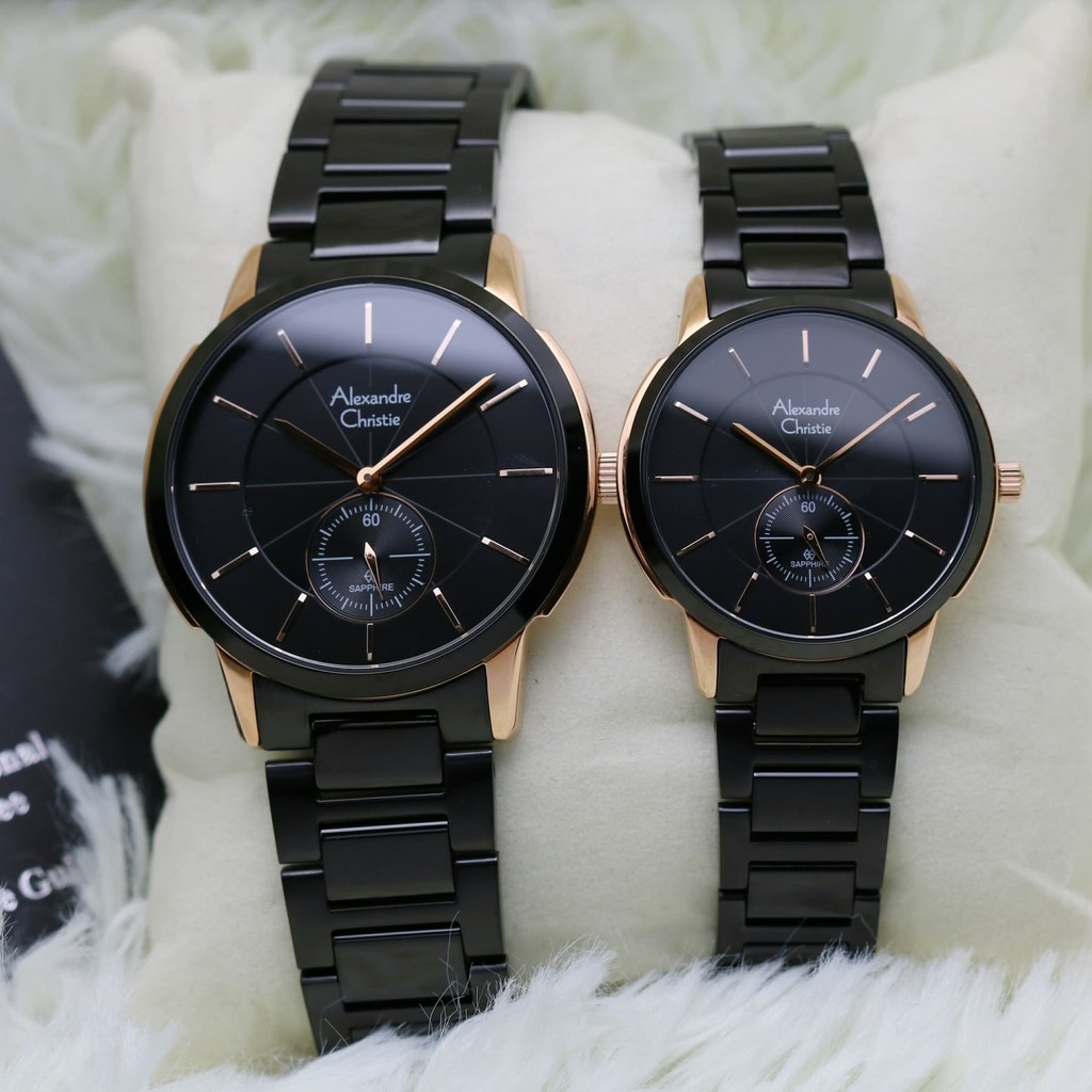 Jam Tangan Couple Cowok Cewek Pasangan Warna Hitam gold Alexandre Christie AC 8546 Couple