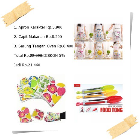 Paket 8 Isi 3 Produk Apron Karakter Capit Makanan Sarung Tangan Oven