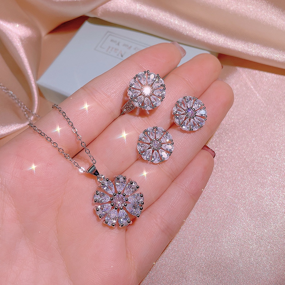 Set Perhiasan Kalung Anting Cincin Zircon Berlian Imitasi Bentuk Bunga Untuk Pernikahan