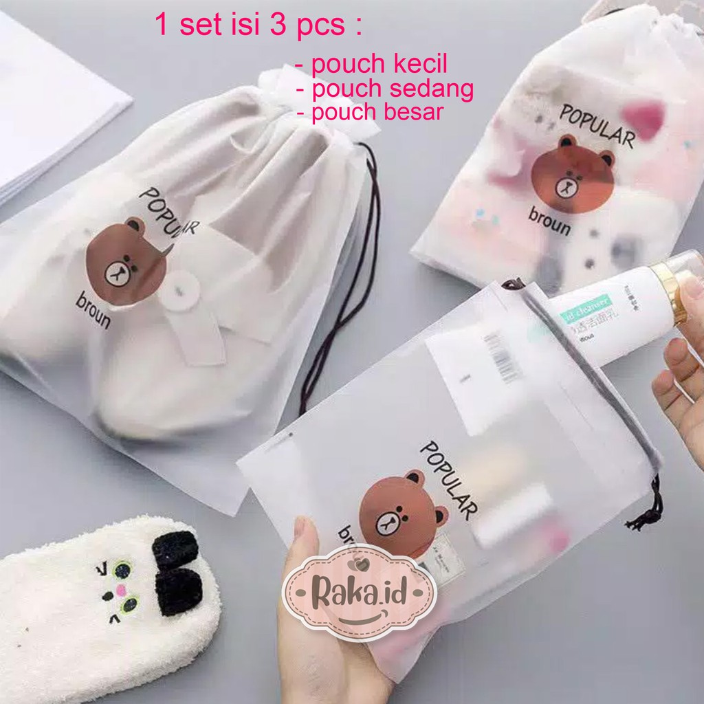 Raka - 1 set isi 3 pcs Pouch Brown Kecil + Sedang + Besar Tas Travel Organizer Bag Kosmetik Makeup