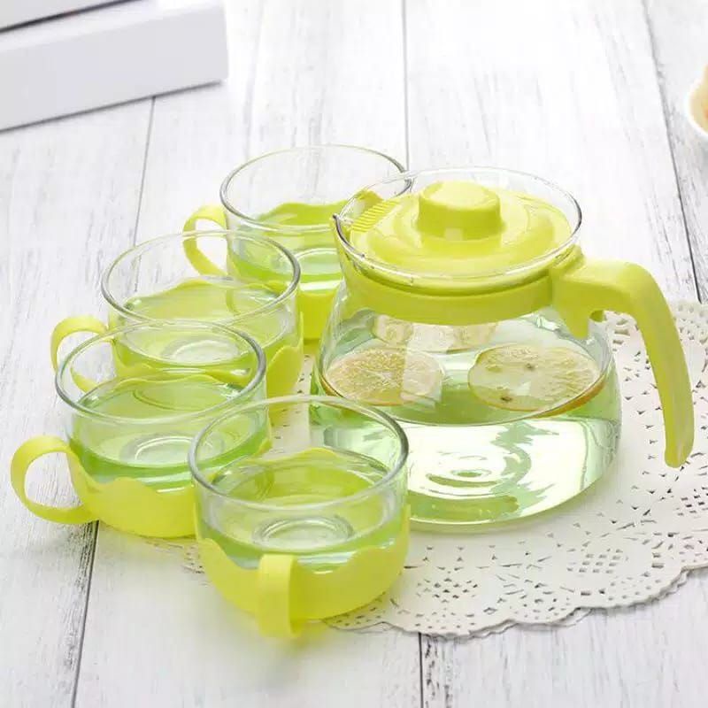 (PROMO) Teapot Warna Set 5in1 / Teko Set Gelas Kaca FREE BUBBLE / Tea Pot Warna / Kado Souvernir