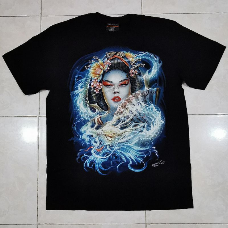 Kaos Rock Chang Tee 3D Import Geisha Kipas Naga Biru Japanese Series Seri Jepang Japan Glow In The D