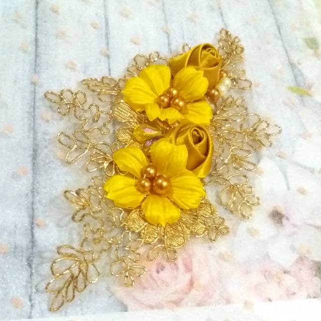Headpiece brokat hijab pengantin - kuning gold