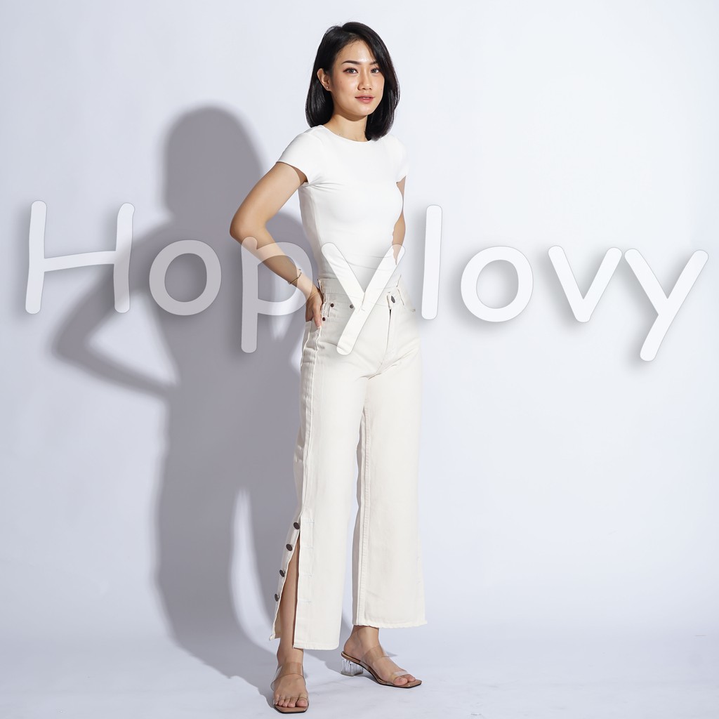 HOPYLOVY - Celana Boyfriend Jeans Model Kulot Kancing Samping Cream Arabela