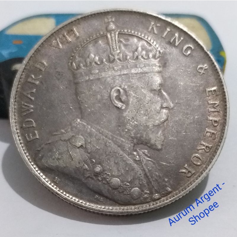 SD.42-- 1 PC KOIN PERAK KUNO ASLI ONE DOLLAR EDWARD VII TH 1907H. -- SILVER COIN --