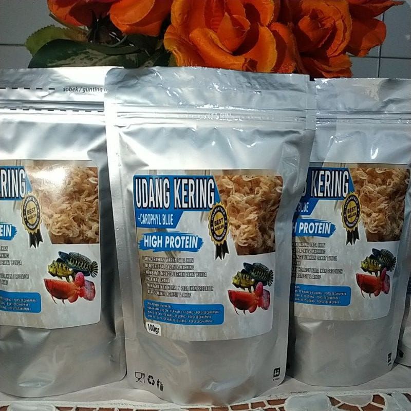 Udang Kering 100gr & 50gr(+Carophyl Blue)Kualitas Super Pakan Ikan Chana,Arwana,Louhan,Pbass,Oscar