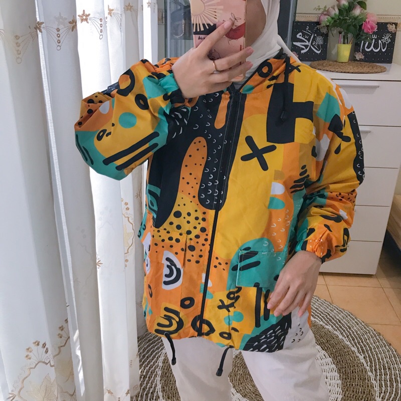 Jaket Parasut Jumbo Over Size Wanita Motif Printing