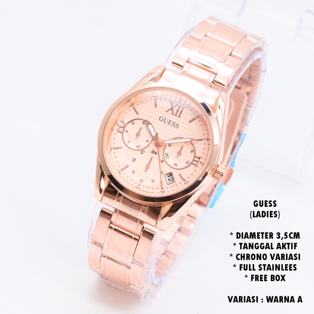 (FREE BOX) JAM TANGAN WANITA GUESS RANTAI BODY BULAT TANGGAL AKTIF