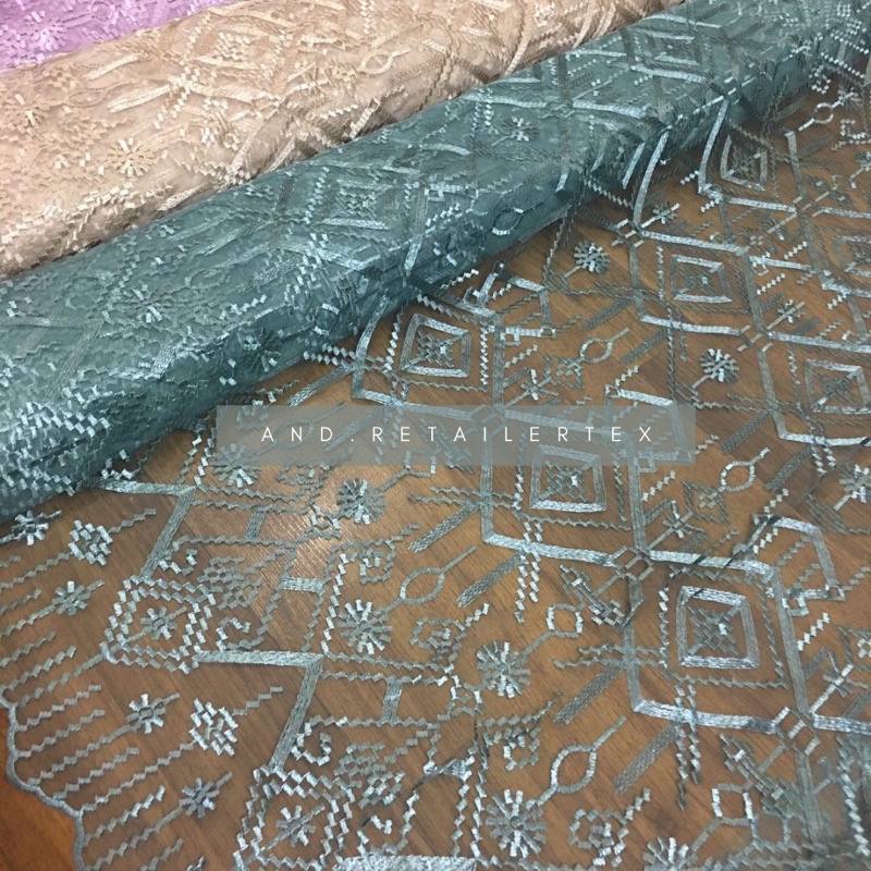 Brokat Bahan Kebaya Premium Motif Etnik Tile Bordir Guerlain Warna Hijau