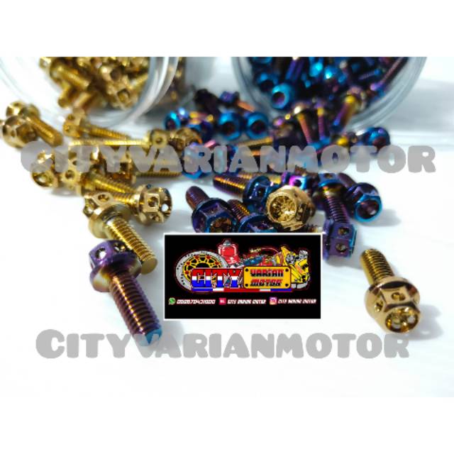 Baut Probolt Flower 6x15 drat 10 panjang 1,5 Gold blue