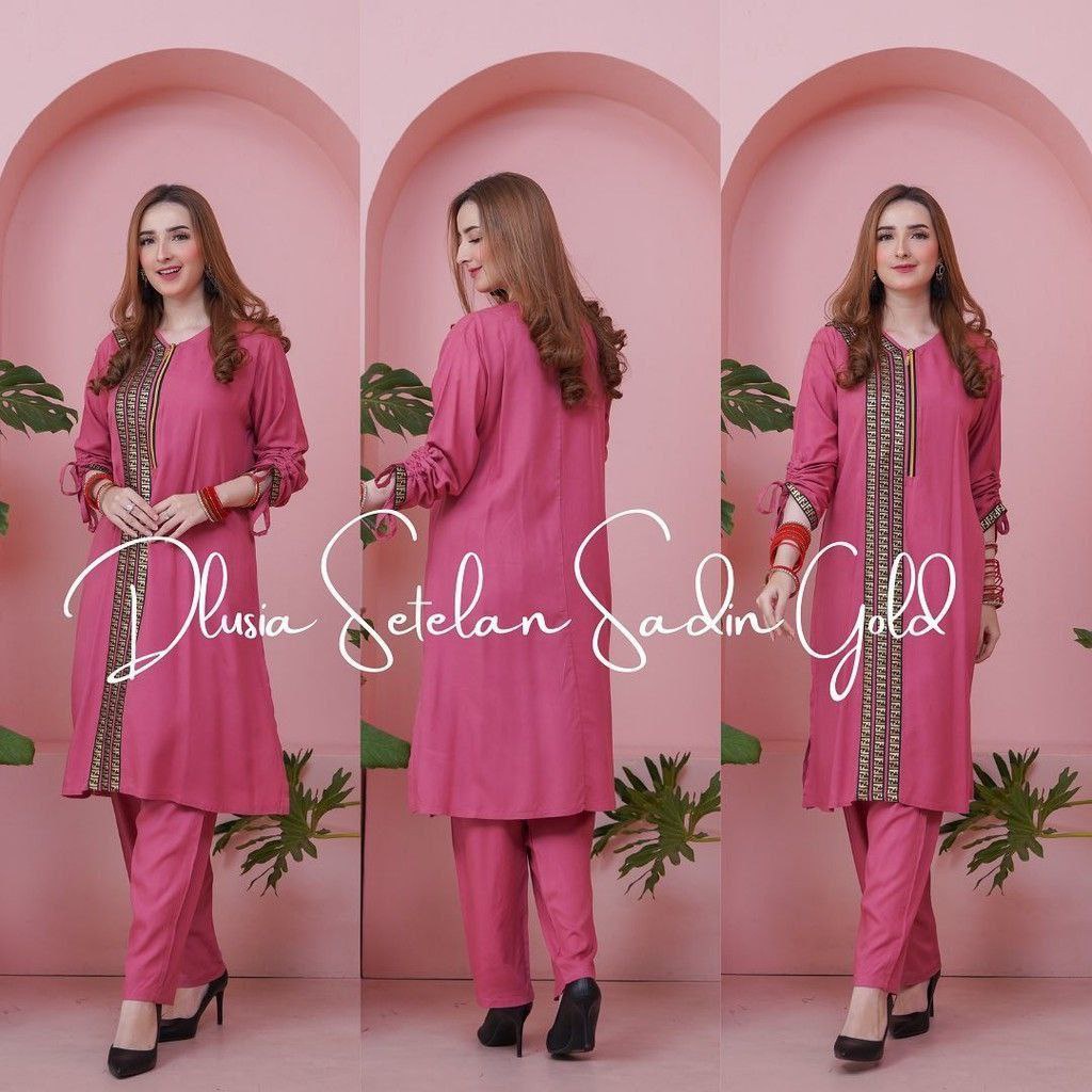 Dlusia Setelan Sadin Gold - One Set Wanita Tunik Renda Jumbo Rayon Premium Setelan Wanita Lengan Pendek Set Baju Muslim Kekinian LD  125 cm