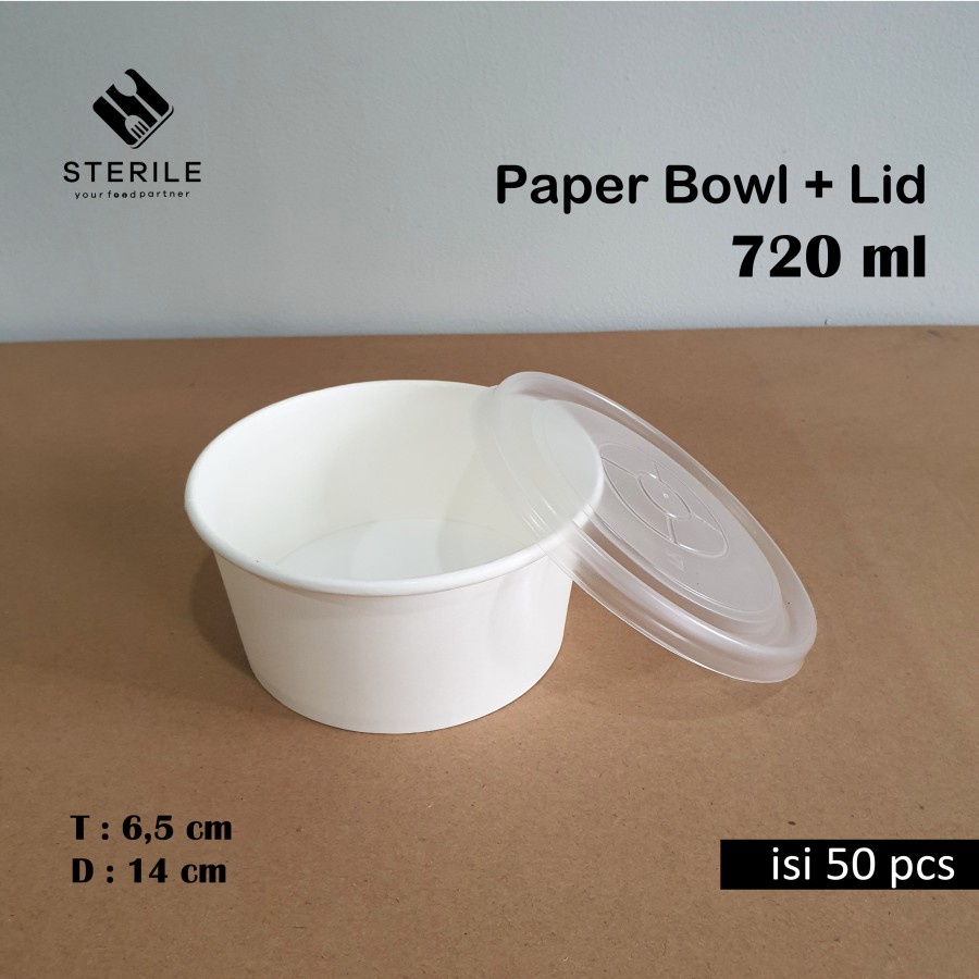 Paper bowl 720 ml + tutup isi 50 pcs / mangkuk kertas 720 ml / 24 oz