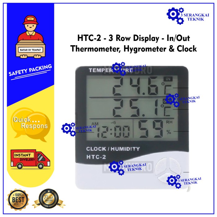 HTC-2 - 3 Row Display - In/Out Thermometer, Hygrometer &amp; Clock