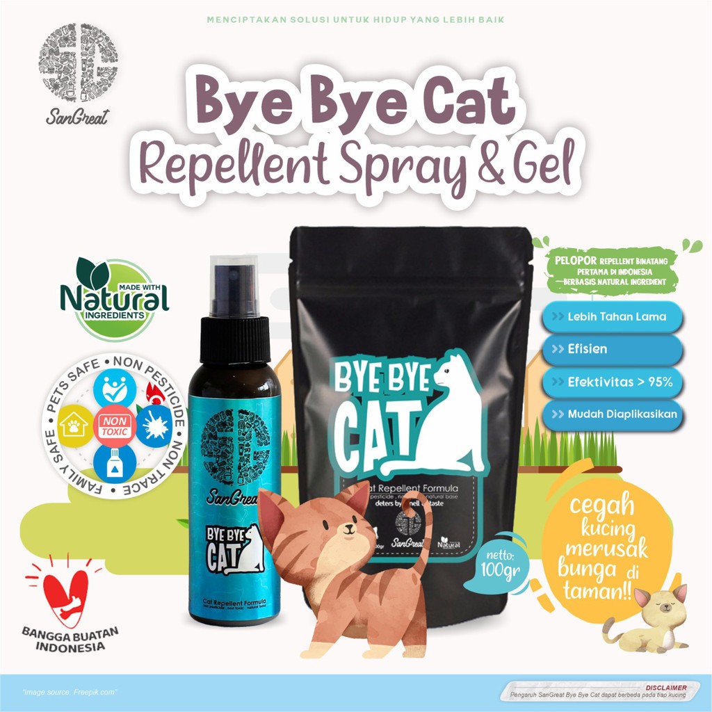 Semprotan anti kucing dan kapur barus anti kucing organik alat pengusir kucing  kampung liar bandel pup berak pipis sembarangan SanGrat Bye Bye Cat gel 100 gr dan spray 100 ml aman natural