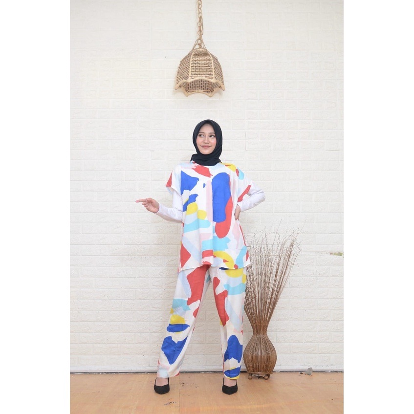 Setelan Piyama Babydoll Lengan Pendek Kekinian Baju Tidur One Set Rayon Premium Wanita Dewasa Busui-White Paint