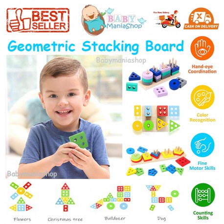 Mainan Kayu Edukasi Anak Geometric Board Stacking Tower Mengenal Bentuk Warna Shape Color Montessori Toys Wooden Board Sorting