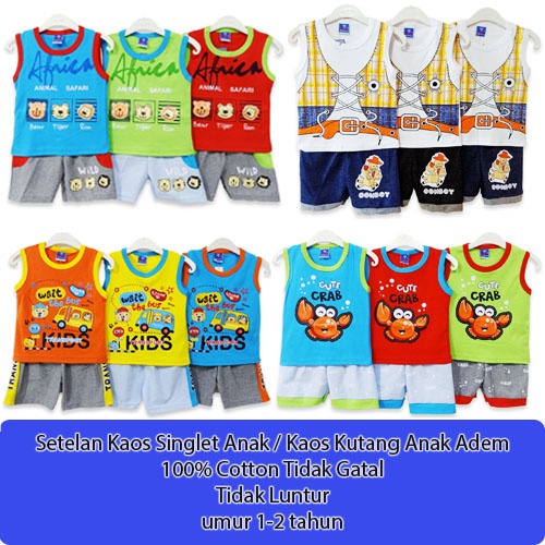 MURAH Setelan Singlet Kaos Kutang Anak Lengan Buntung Bahan Katun Adem Lucu