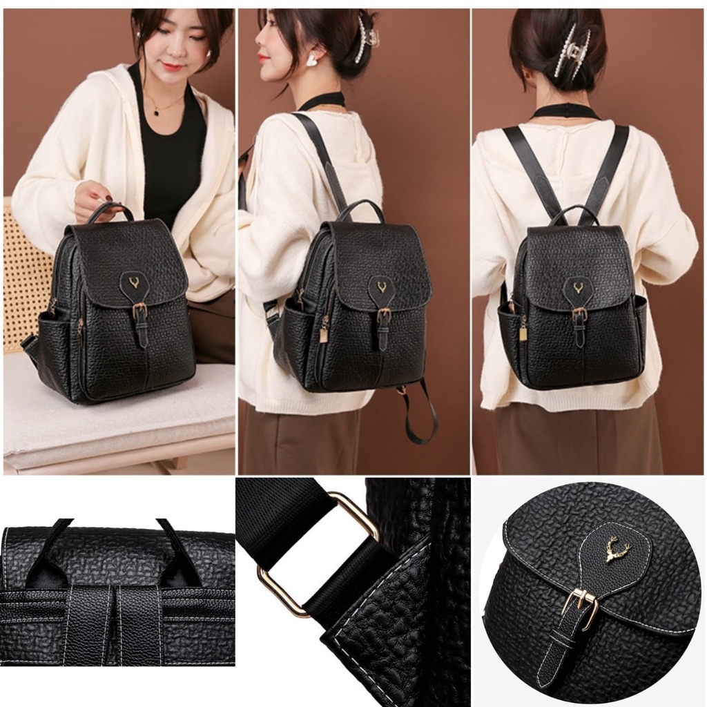 TAS RANSEL WANITA KULIT PREMIUM HITAM BRASSY GENDONG PUNGGUNG BACKPACK CEWEK KOREA TA538B5 SEKOLAH BRANDED KULIAH KERJA BATAM REMAJA KEKINIAN PREMIUM MURAH SIMPLE