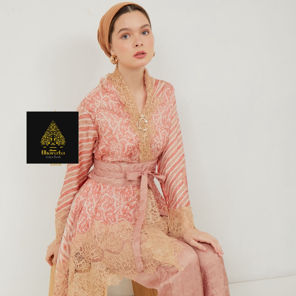 Terbaru Setelan Atasan Kebaya Brukat Batik Viscose Set Bawahan Celana Wanita HAZEEMA Peach Setelan B