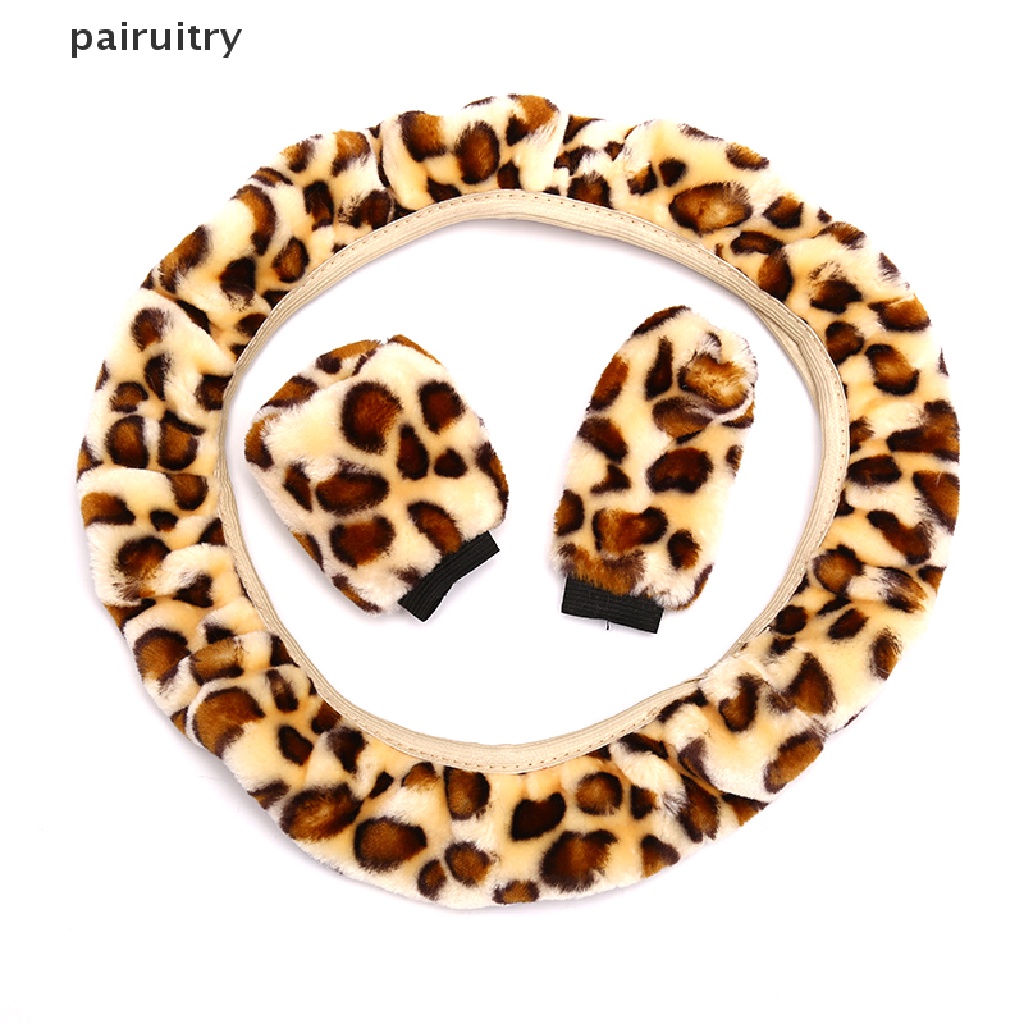 3pcs / Set Cover Stir Mobil Bahan Plush Motif Leopard Untuk Musim Dingin PRT