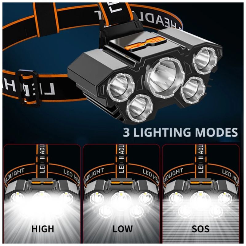 HS-T21 Headlamp Senter kepala 5 LED Super Terang 50w 4 Mode USB Rechargeable