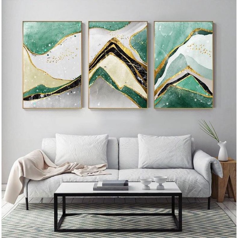 lukisan abstrak modern,lukisan modern green gold,lukisan panel modern