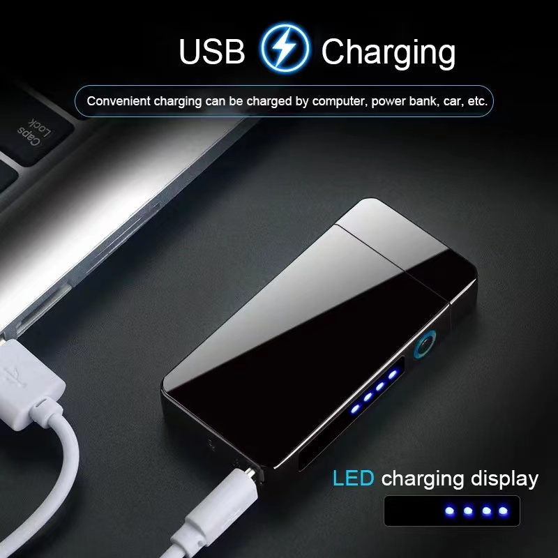 Pemantik USB portabel yang dapat diisi ulang dengan busur ganda PEMATIC USB melintasi busur ganda yang diterangi sumbu tampilan digital