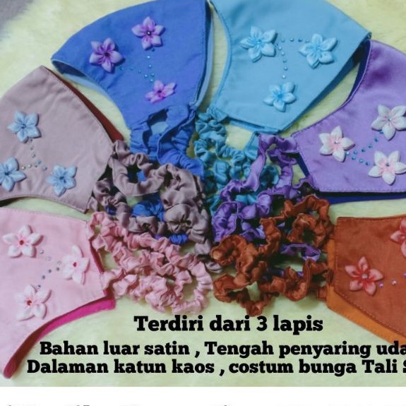 masker 3ply pesta bahan satin dan bunga Swarovski