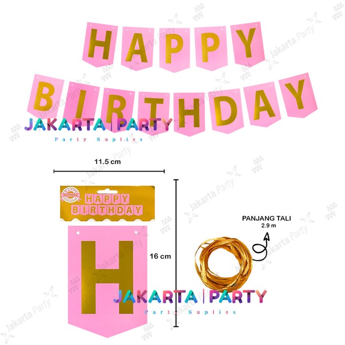 Banner Happy Birthday Tulisan Gold #1 / Bunting Flag HBD