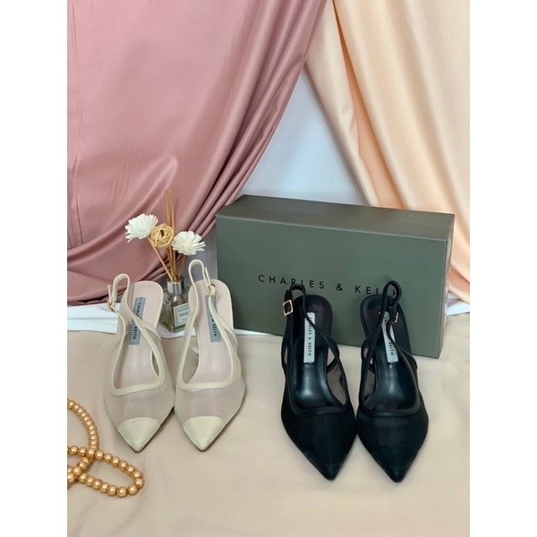 Sepatu Hak Tinggi Wanita CK Mesh High Heels Slingback Pumps 8,5cm Premium Import, Hitam Black Krem B