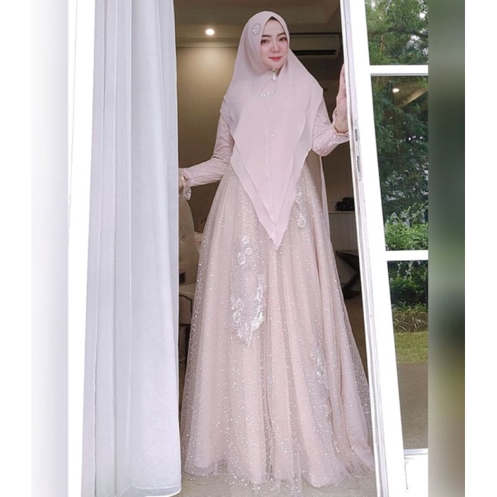 [FAESTA SYARI] GAMIS SYARI BROKAT TERBARU / DRESS SET MEWAH PREMIUM " ALENA SET PEACH" BY FAESTA SYA