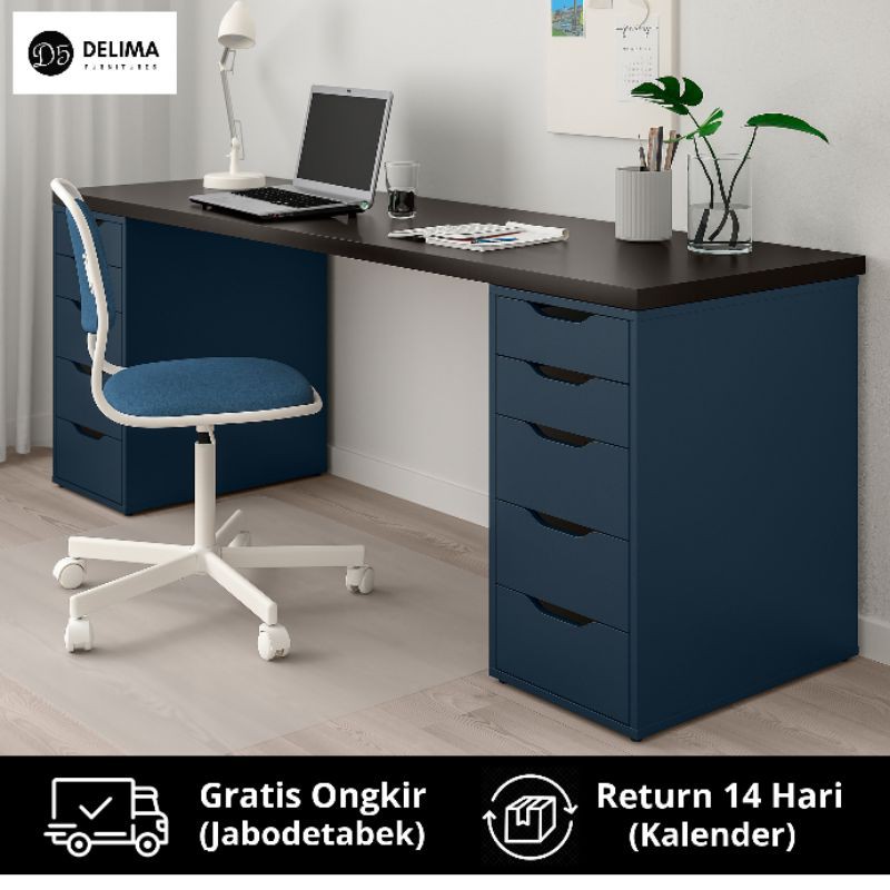 ALEX LINNMON Desk, Meja Kerja Rumah Berlaci, Meja Kerja Kantor - Brown Blue