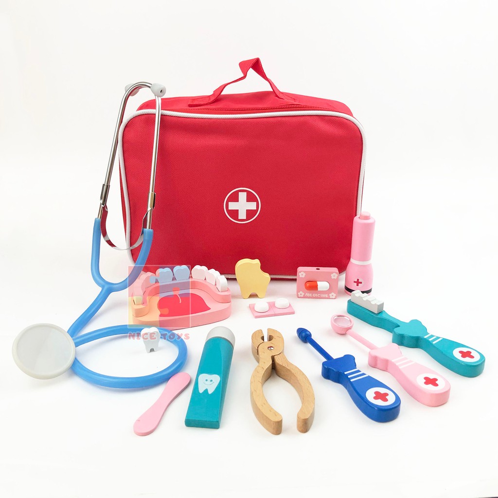 Lechang Interesting Wodden Doctor and Dentist Bag Set Dokter Dokteran Mainan Anak Lengkap Mainan Dokter Set Wooden Toys Mainan Kayu Mainan Dokter Gigi Anak