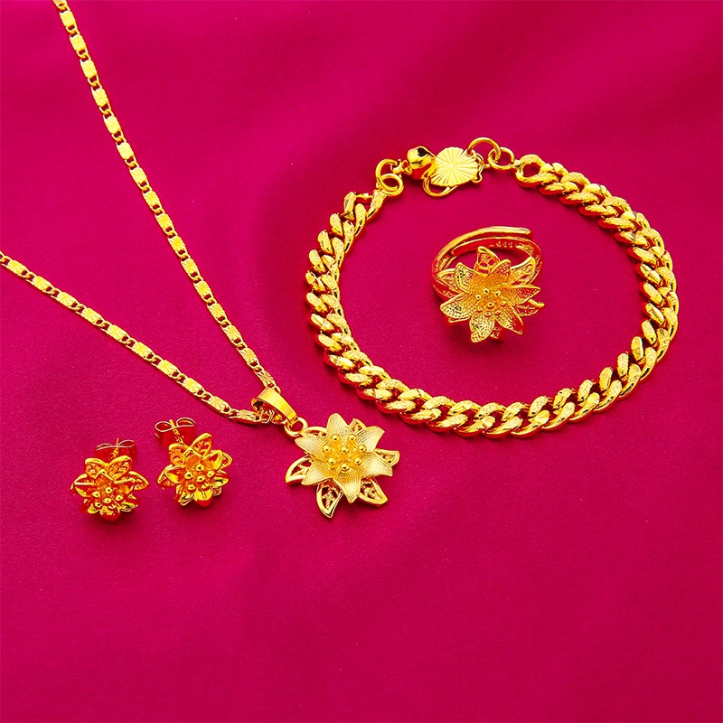 Set Kalung Gelang Cincin 24K Desain Lotus Gaya Bangkok Untuk Wanita