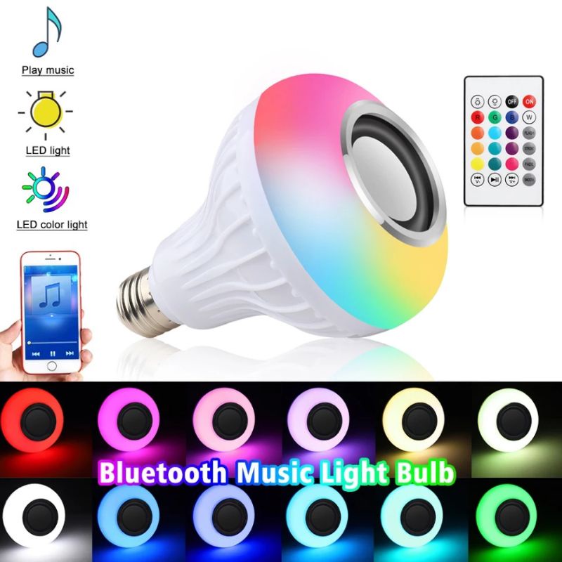 Lampu Bohlam warna warni Speaker Bluetooth wireless LED RGB remote E27 Hias kamar tidur Music disco natal warna warni