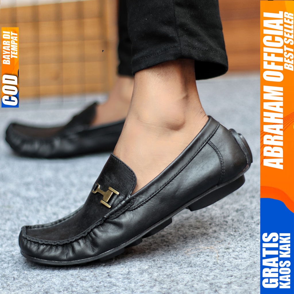 Sepatu Casual Pria Formal Slip On Pantofel Kulit Asli Kerja Kantor Kondangan Kuliah Hitam Fashion Shoes Terbaru Murah Kekinian Original MULIN ABRAHAM