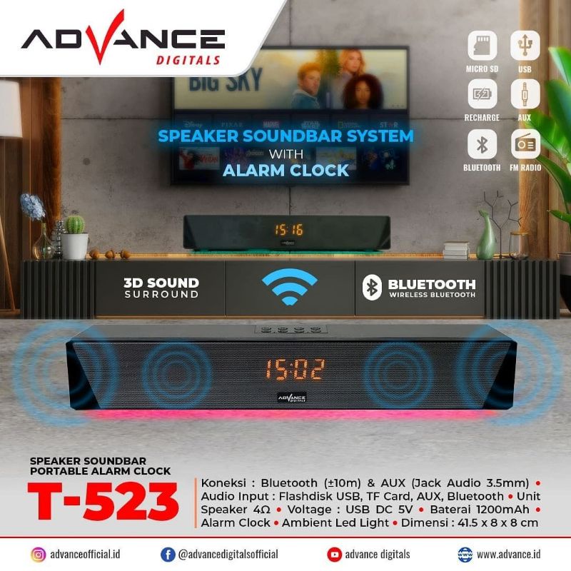 Advance Speaker Soundbar Portable Bluetooth + Alarm Clock T 523