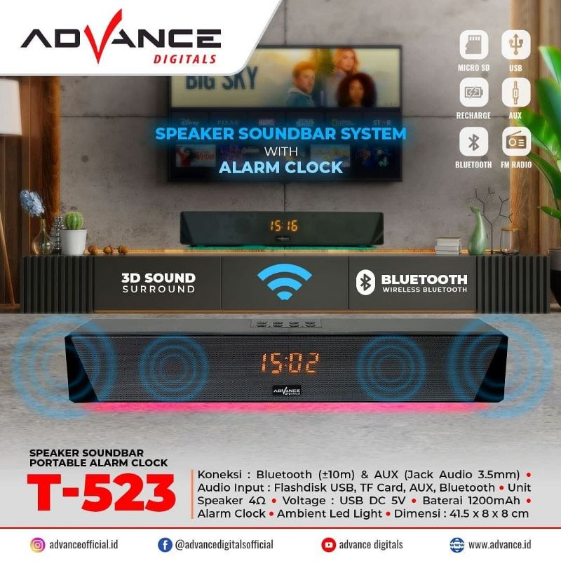 Advance Speaker Soundbar Portable Bluetooth + Alarm Clock T 523