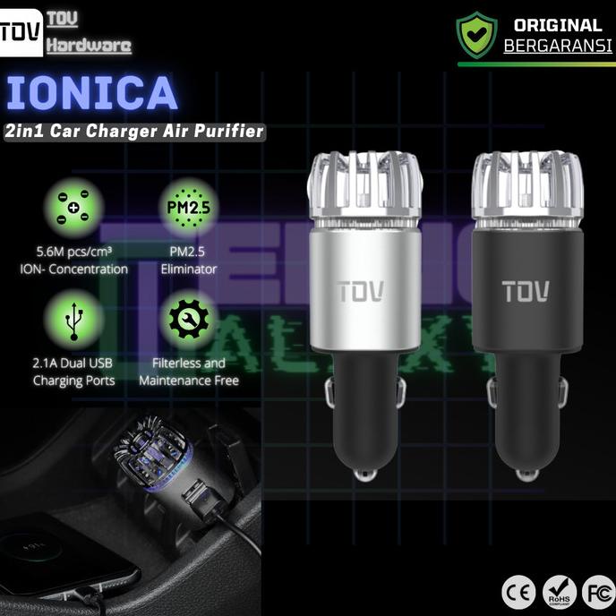 TOV IONICA 2in1 Car Air Purifier Charger Dual USB Ionizer Mobil