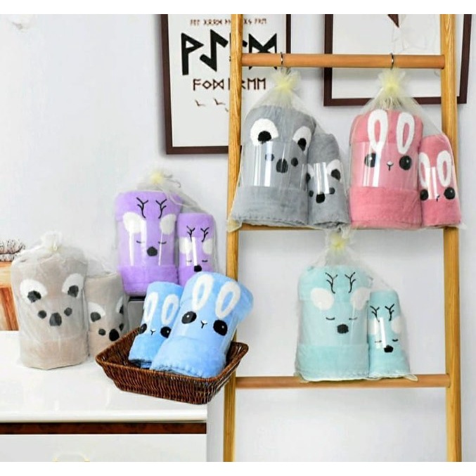 [1set] Isi 2 Handuk Mandi Microfiber Boneka Bordir Ukuran 70x140cm dan 35x75cm - Souvenir