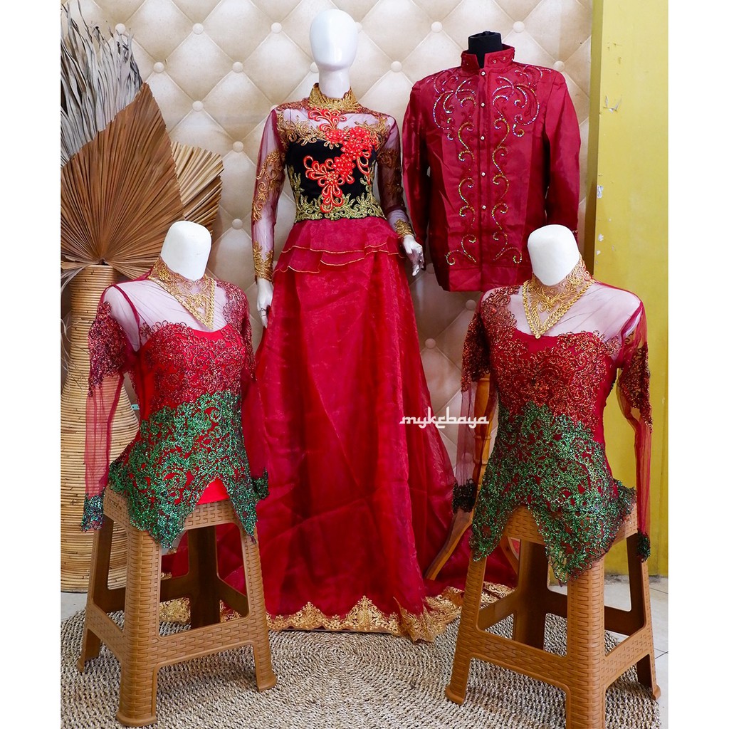 TERMURAH PAKET SEPASANG GAUN PENGANTIN MODERN MERAH MAROON / BASOFI PRIA / KEBAYA IBU BESAN