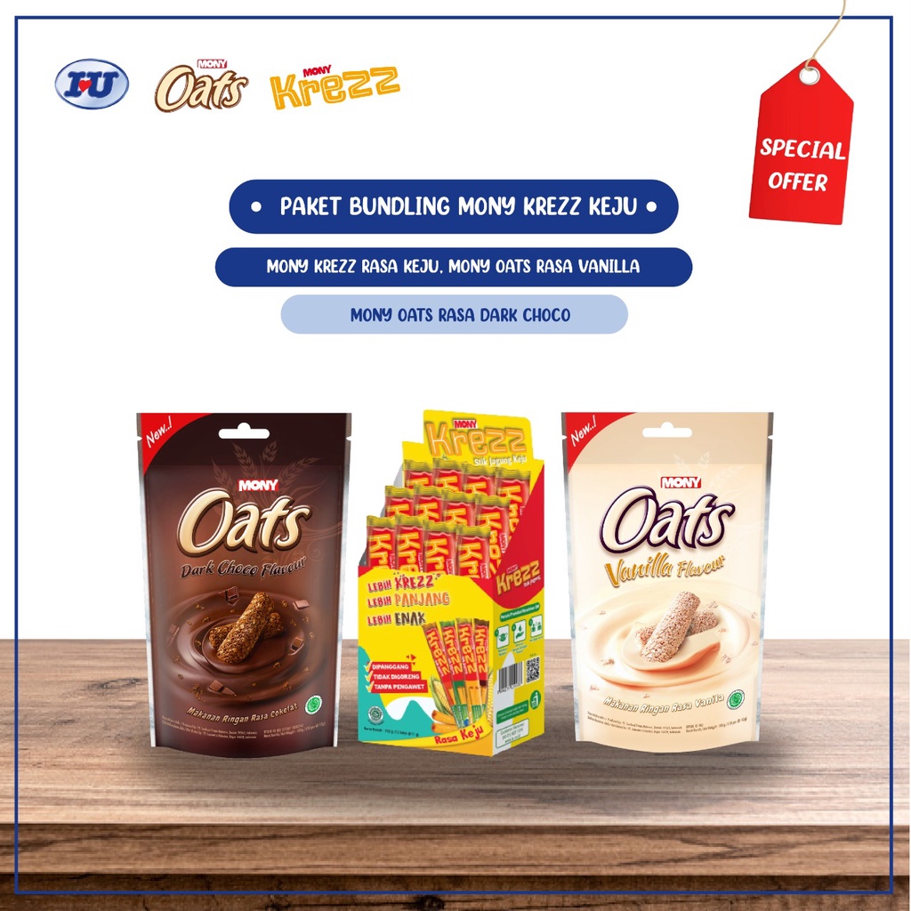 

BUNDLING Mony Krezz Stik Keju 12pcs x Mony Oats Dark Choco dan Vanilla 10pcs