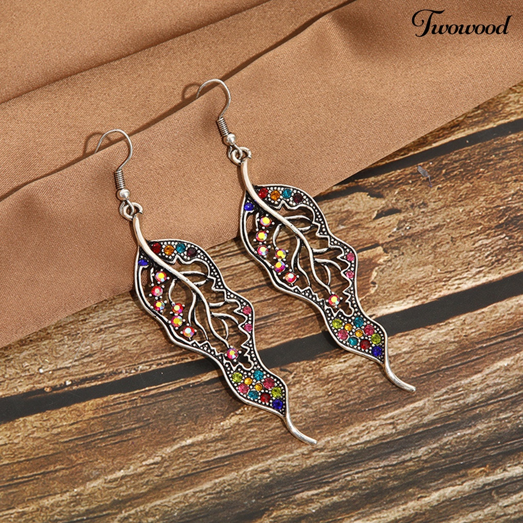 Twowood 1 Pair Hook Earrings Leaf Colored Rhinestones Jewelry Electroplated Long Lasting Drop Earrings for Wedding