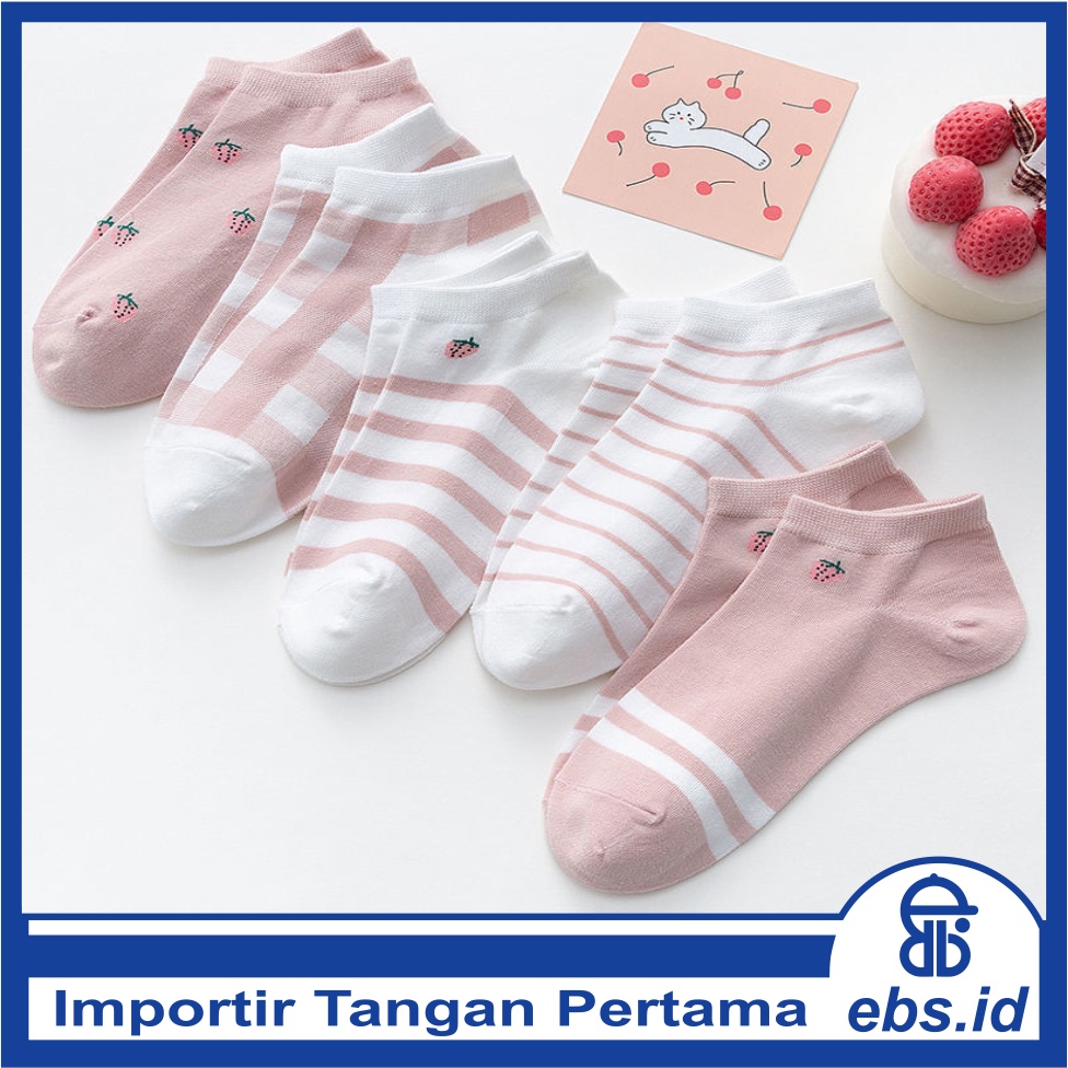 𝗘𝗕𝗦 ✅ KK028 Kaos Kaki (Tanpa Kemasan) Wanita Tipis Pendek Semata Kaki Motif Kotak Pink Strawberry Fashion Korea Women Sock Import Murah