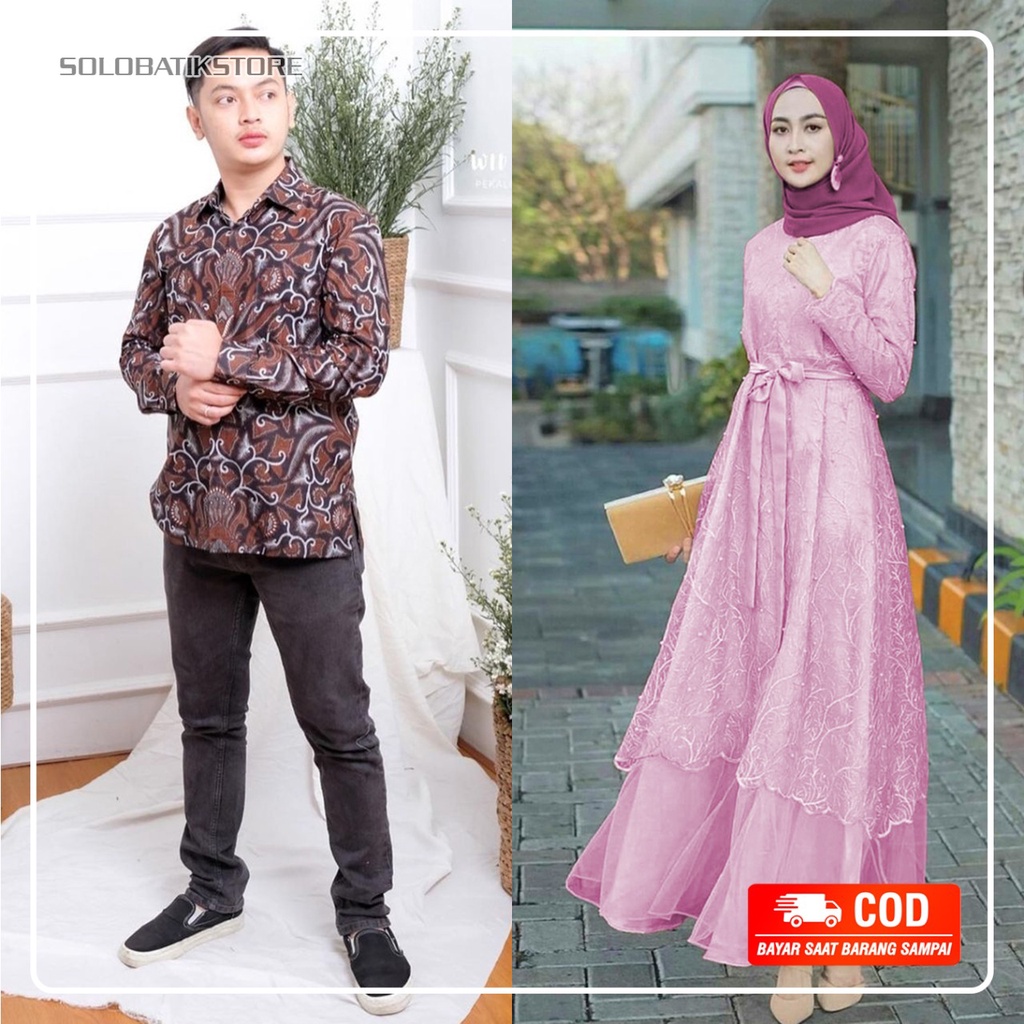 best seller couple batik gamis muslim sragaman  set gamis Brokat tille modern terbaru gamis kondangan Wisuda Nikahan Tunangan Resepsi nikah