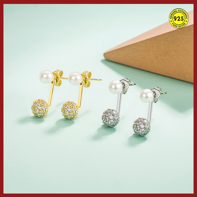 Anting Tusuk Sterling Silver 925 Desain Bulat Hias Mutiara + Berlian Imitasi Untuk Wanita