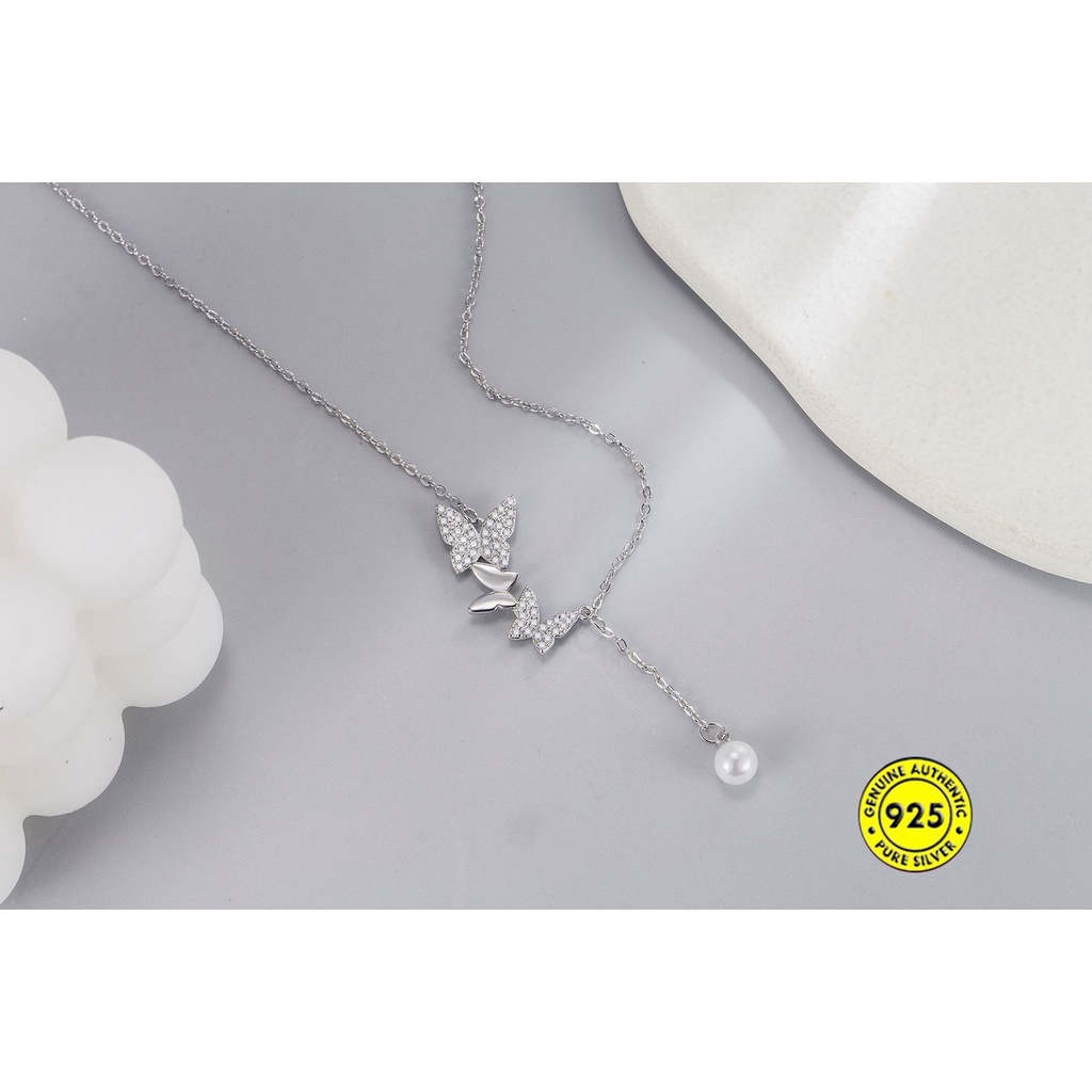 Kalung Rantai Sterling Silver 925 Dengan Liontin Kupu-Kupu + Mutiara + Berlian Untuk Wanita