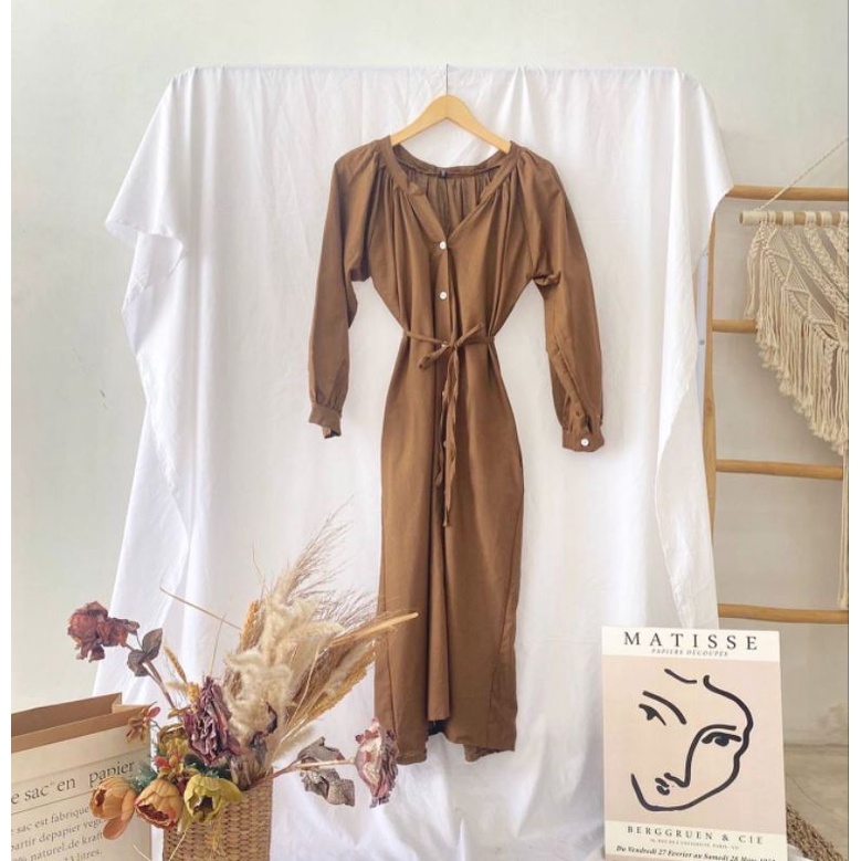 Sydney Dress Pakaian Wanita Korean Style Midi Dress Linen Rami Angel